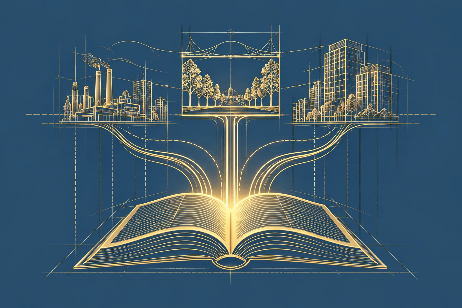 Gold architectural lines connecting an open book with applied work
