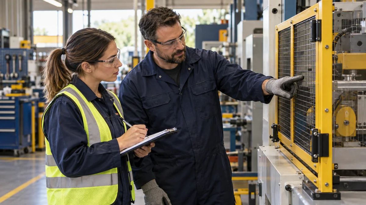 Illustrative scene of a safety practitioner and technician checking machine guarding in a workshop.